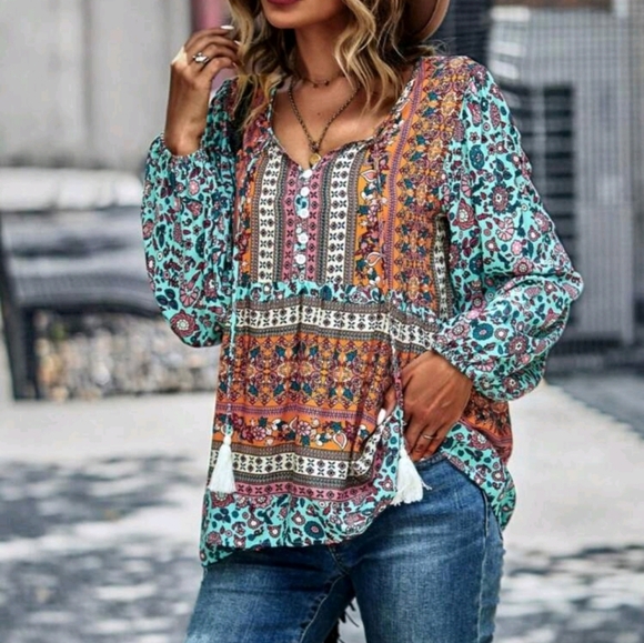 Floral Colorblock Tie Neck Puff Sleeve Peplum Top Blouse Shirt - Picture 5 of 5